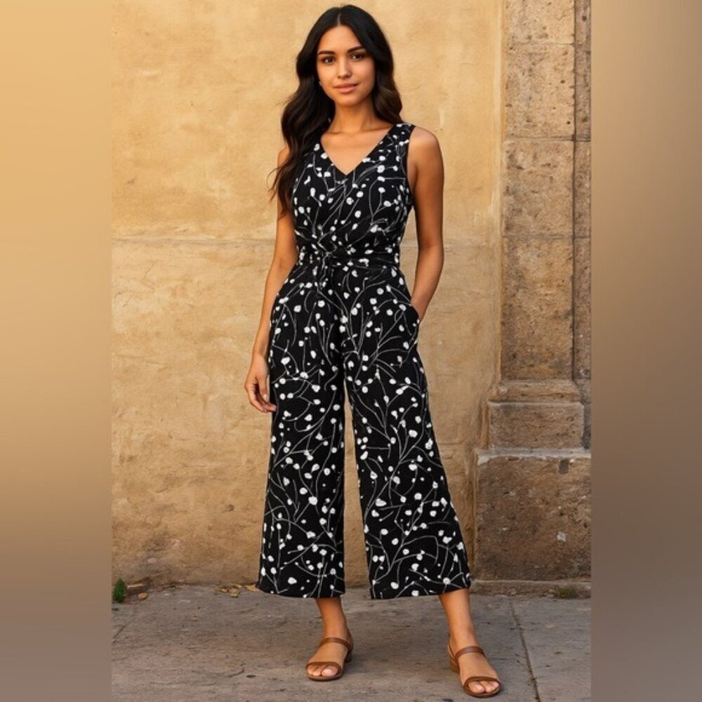 Calvin Klein Black White Floral Sleeveless Wide-Leg Jumpsuit Size 4